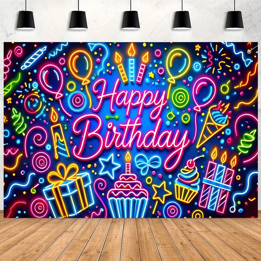 VIKAMA Neonmusik-Geburtstagsparty-Hintergrundtuch mit bunten Lichteffekten in Multicolor, Breite: 120 cm - Bild 2