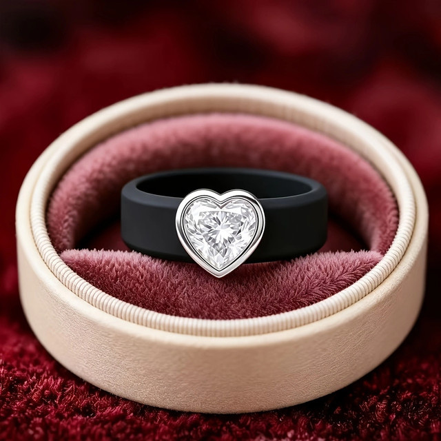 WZERO Ring, 14K vergoldet, schwarzes Silikon, CZ, Herzform, Unisex - Bild 1