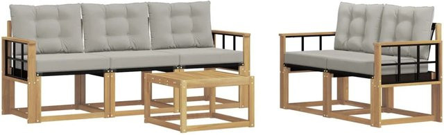 vidaXL Outdoor-Sofagarnitur 6-teilig aus Akazienholz und Textilene in Weiß-Hellgrau mit Kissen und Tisch - Bild 1