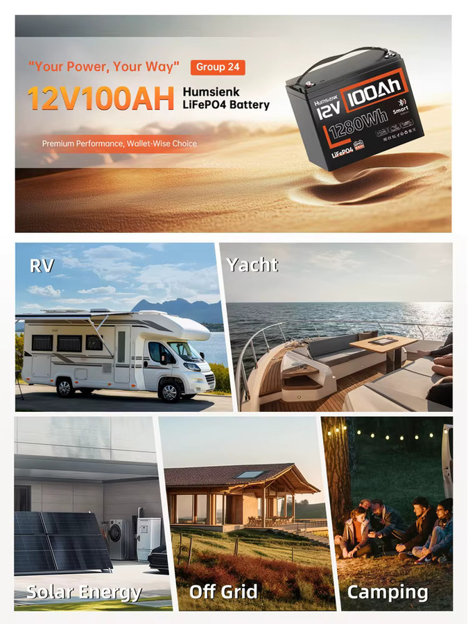 Humsienk Bluetooth LiFePO4 12V 100Ah Deep-Cycle-Batterie mit 100A BMS in Schwarz - Bild 6