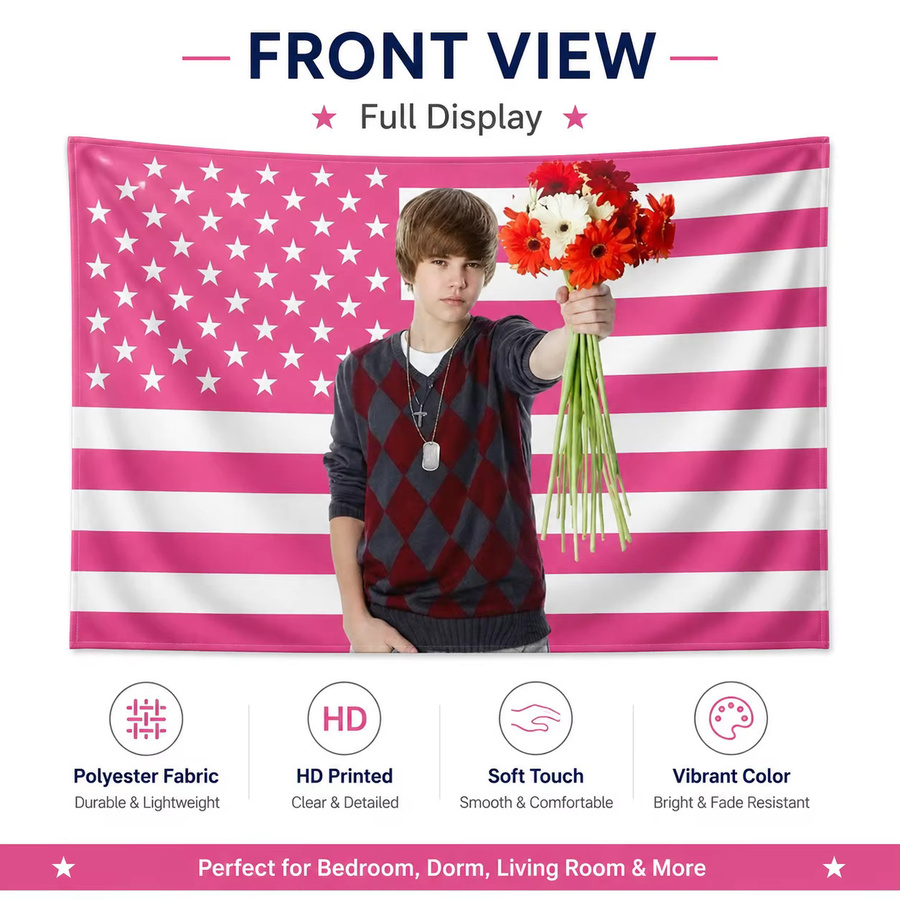 PopStarFan Wandbehang Justin Bieber Pink American Flag Banner mit Sternen, Textil, Breite: 60 cm, Höhe: 40 cm - Bild 2