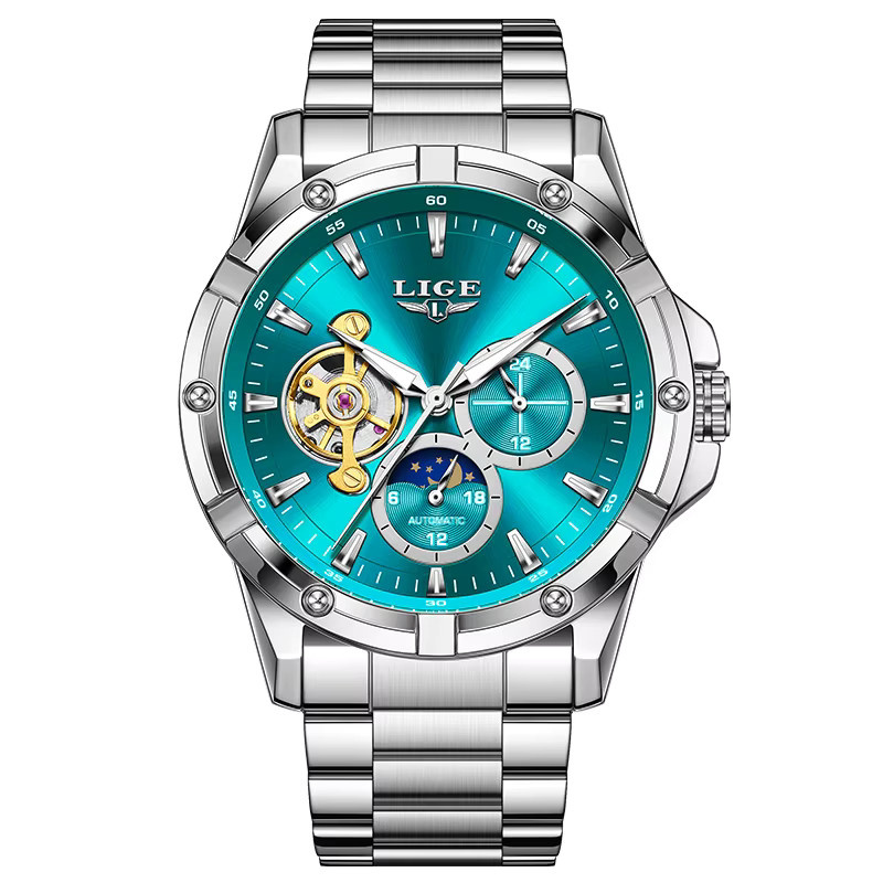 LIGE Armbanduhr Automatik, Edelstahl, Silber, Grün, Herren - Bild 7