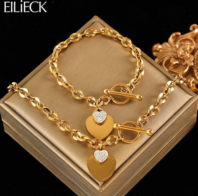 EILIECK Schmuck Set Doppel Herz Halskette Armband, Edelstahl, Damen - Bild 1