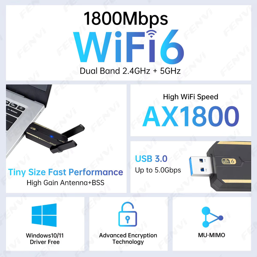 Fenvi WiFi 6 AX1800 USB 3.0 Adapter Dual Band 2,4GHz/5GHz USB-A Netzwerkkarte in Schwarz für Laptop und PC - Bild 2