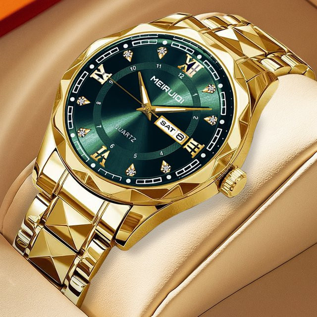 MEIRUIQI Armbanduhr Quarz, Edelstahl, Gold, Grün, Herren - Bild 1