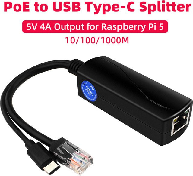 SHCHV Raspberry Pi 5 PoE-Splitter Gigabit Ethernet 10/100/1000MB Typ-C 5V 4A Schwarz - Bild 1