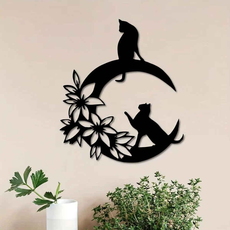 CIFBUY Metall-Wandkunst Schwarze Katze auf dem Mond mit floralen Akzenten, Farbe: Schwarz - Bild 3