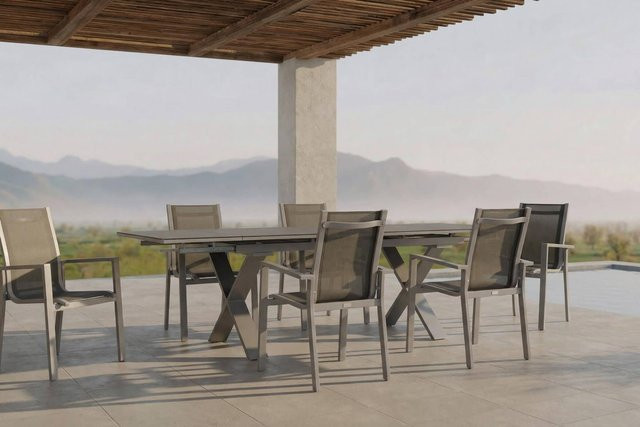 OUTFLEXX Garten-Essgruppe in Silber mit ausziehbarem Tisch und 6 Stapelsesseln aus Aluminium und Textil - Bild 1