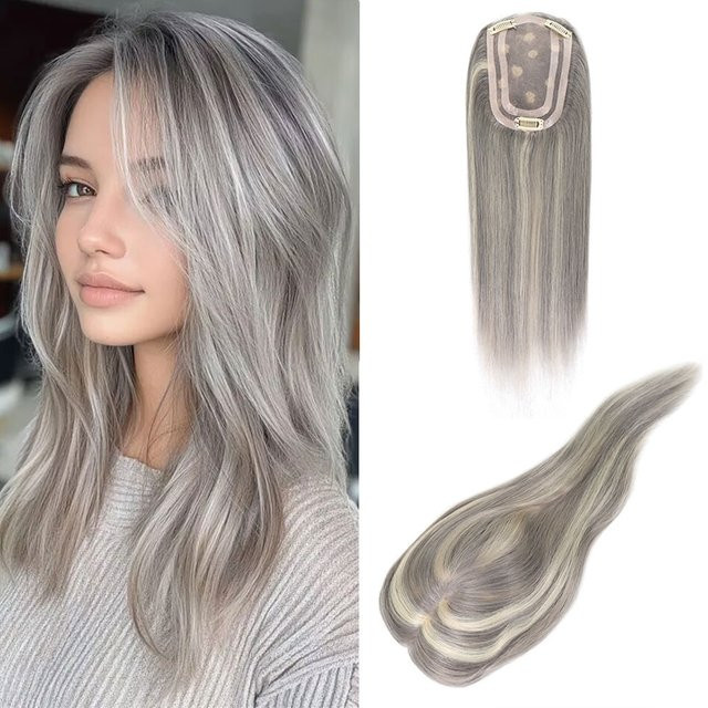 Bfirehair Mono Haarteil mit PU-Echthaar-Topper, Grau, 35,6 cm, Damen - Bild 1
