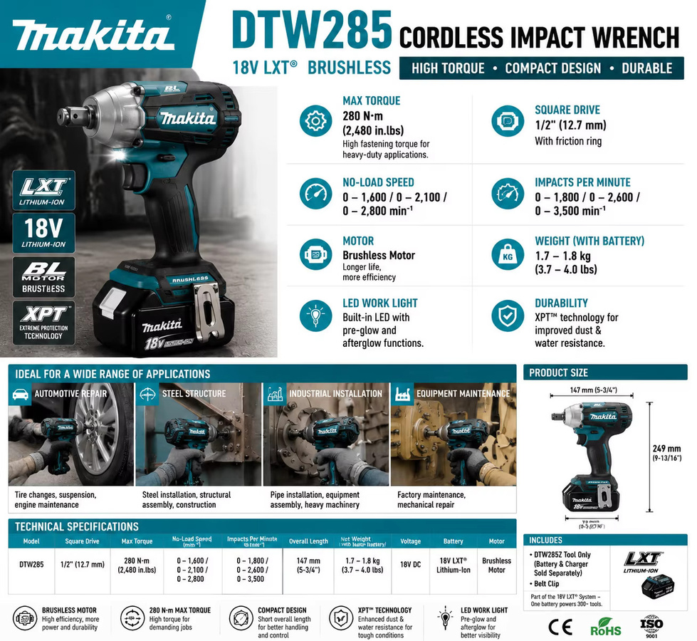 Bürstenloser Schlagschrauber Set kompatibel mit Makita LXT Akku mit 320N·m Drehmoment und 1/2 Zoll Aufnahme, inklusive 6,0Ah Akkus - Bild 6