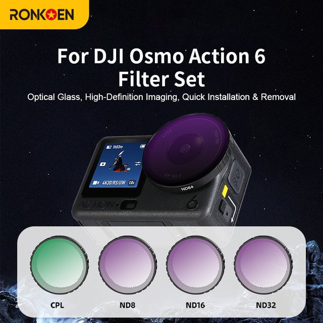 Ronkoen Filterset für DJI Osmo Action 6 mit UV-Spiegel, CPL-Polarisator und ND-Filtern ND8/16/32/64 in Schwarz - Bild 1