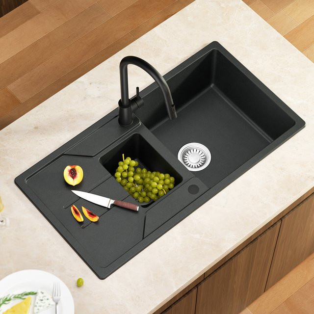 CECIPA max Küchenspüle aus Granit-Verbundwerkstoff in Schwarz, Unterbau-Spüle mit Abtropffläche, B/T: 86 x 45 cm - Bild 1