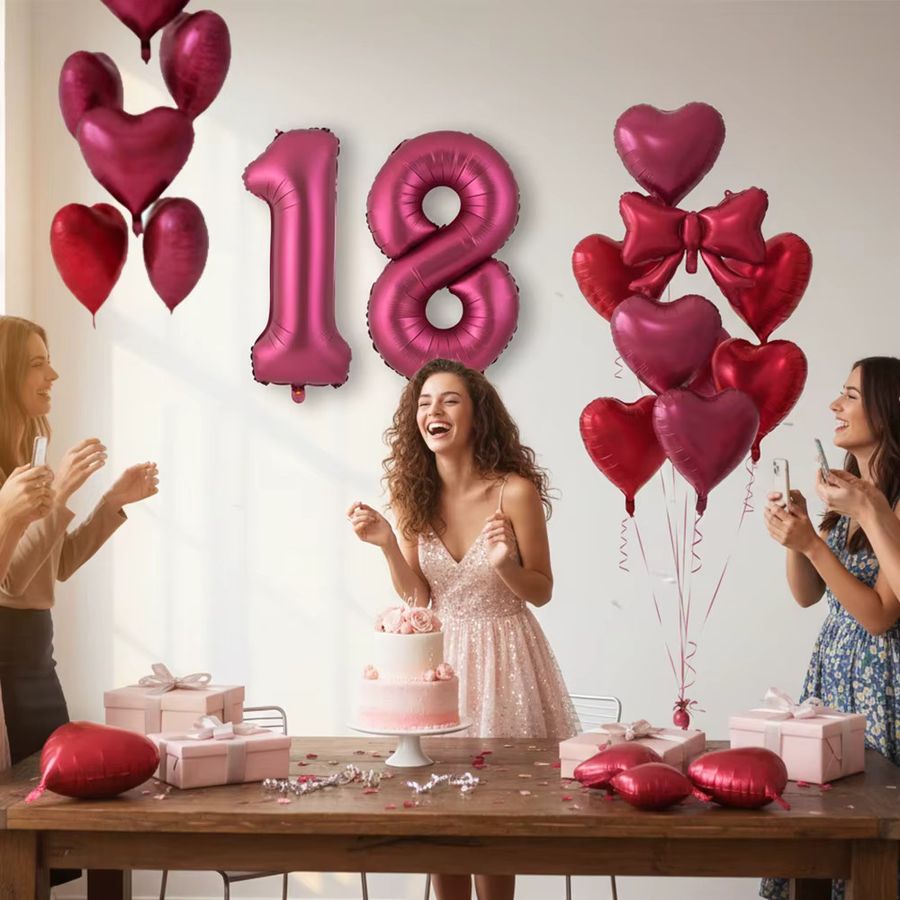 EsenTroye Mylar Zahlenballons in Weinrot und Burgunderrot mit Herz und Schleife für Geburtstagsfeier oder Valentinstag, 101,6 cm - Bild 2