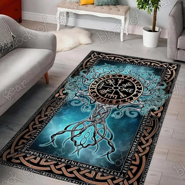 Wikinger Teppich Lebensbaum mit norwegischem Mythologie-Design, blau, rutschfest und waschbar, B x T: 100 x 150 cm - Bild 1