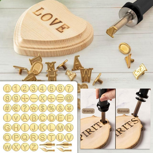 56-teiliges Holzbrenn- und Schnitzset mit Buchstaben- und Zahlen-Vorlagen aus Messing in Gold für DIY-Arbeiten - Bild 1