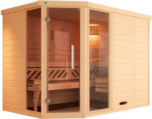 Weka Massivholzelementsauna Kemi Eck 2 in Braun mit 9 kW Ofen, Glastür und 2 Fenstern für 6 Personen - Bild 3