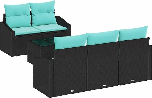 vidaXL 6-teiliges Lounge-Sofa Set aus Poly Rattan mit Kissen in Schwarz und Türkis - Bild 1