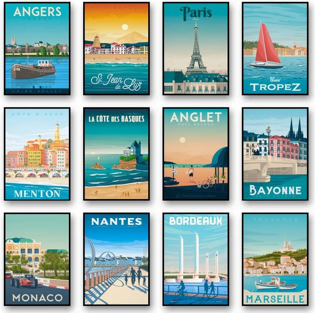 Potdemiel Wanddeko Nordic Kunst Leinwand Poster mit Stadtlandschaft Illustration Paris Monaco Menton in Mehrfarbig - Bild 1