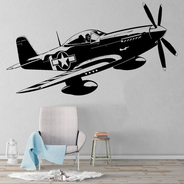 WILOWHKY P-51 Kampfflugzeug Silhouette Wandtattoo in Grau und Schwarz als Vinyl Aufkleber für Zimmer und Auto - Bild 1