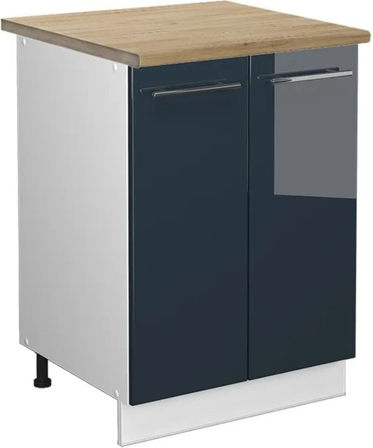 Vicco Küchenunterschrank Fame-Line Dunkelblau Hochglanz und Weiß mit Arbeitsplatte Eiche, Breite: 60 cm - Bild 1