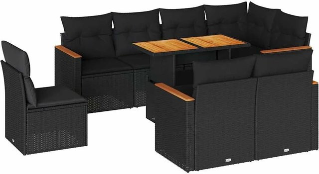 vidaXL 9-tlg. Garten-Sofagarnitur aus Poly-Rattan und Akazienholz in Schwarz mit Kissen - Bild 1