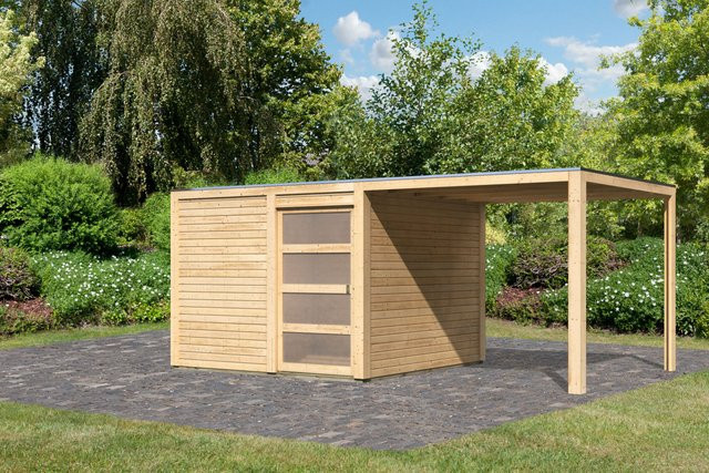 Karibu Gartenhaus QUBIC 2 aus Massivholz mit Anbaudach und Flachdach, Farbe Braun, B/T/H: 272 x 272 x 214 cm - Bild 1