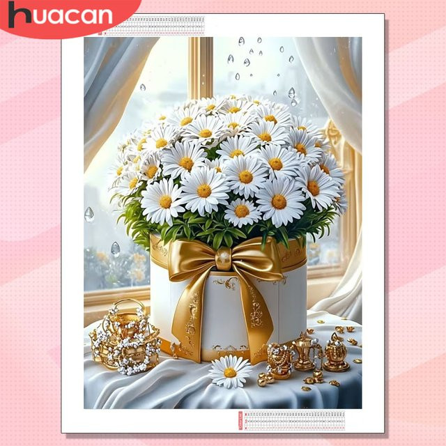 HUACAN Diamant-Mosaik 5D Gänseblümchen-Blumen Komplettset als Wanddekoration in Weiß, B/H: 30 x 20 cm - Bild 1