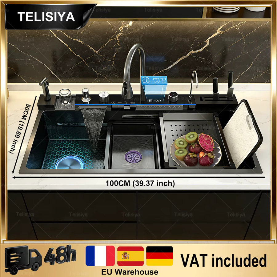 TELISIYA Edelstahl-Küchenspüle in Silber mit großem Einzelbecken, digitaler Anzeige und Wasserfall-Wasserhahn für Warm- und Kaltwasser - Bild 4
