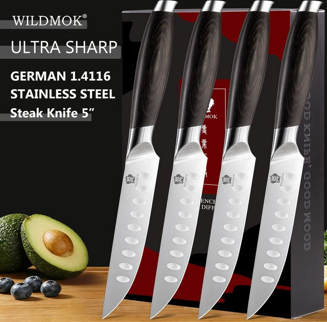 WILDMOK 4-teiliges Premium Steakmesser-Set aus deutschem Edelstahl mit ergonomischem Pakkaholz-Griff, 5 Zoll - Bild 1