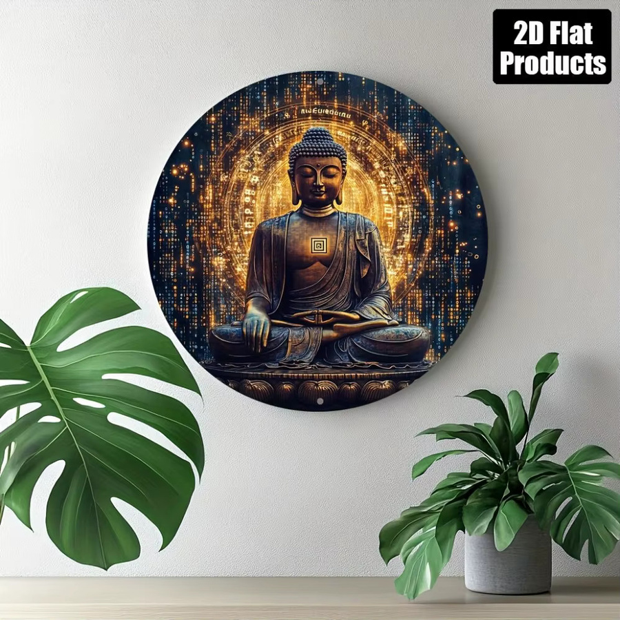 HELLOYOUNG Metallschild Buddha-Statue kreisförmiges Weißblechgemälde mit abstraktem orientalischem Design Durchmesser: 20 cm - Bild 2