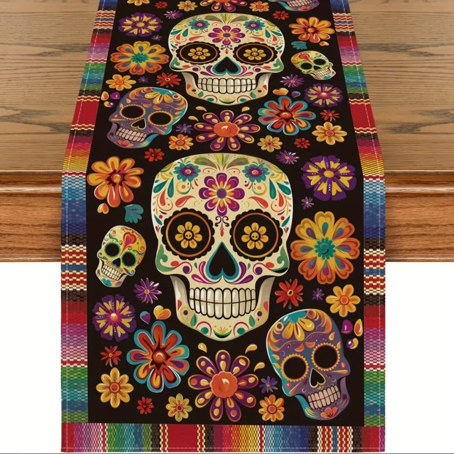VIKAMA Tischläufer Day of the Dead mit Sugar Skull Motiv, mexikanisches Ethnic Design, Mehrfarbig, B/H: 90 x 33 cm - Bild 5