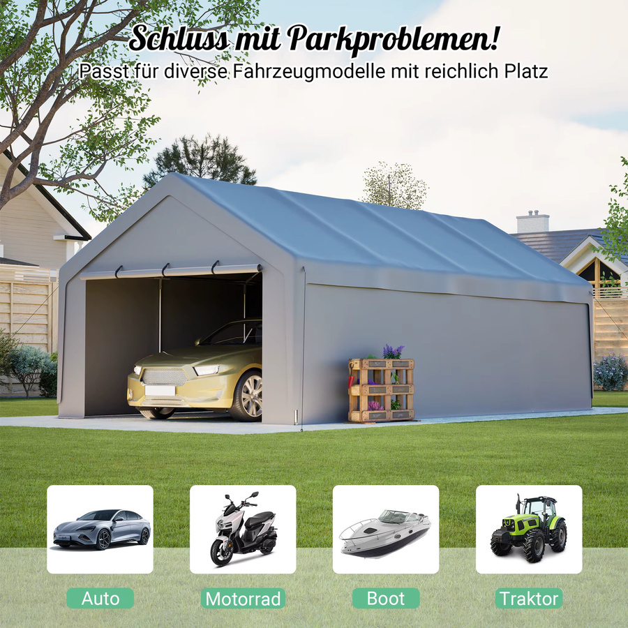 THANADDO Carport aus verzinktem Stahl mit PE-Abdeckung in Grau, tragbarer Garagenunterstand mit Giebeldach, wind- und UV-beständig - Bild 5