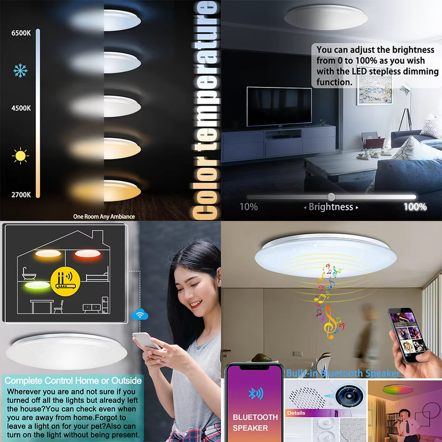 Chysongoods Moderne LED-Deckenleuchte mit Bluetooth-Lautsprecher und RGB-Beleuchtung, Sprachsteuerung via Amazon Alexa und Google Assistant, Weiß, Rund - Bild 4