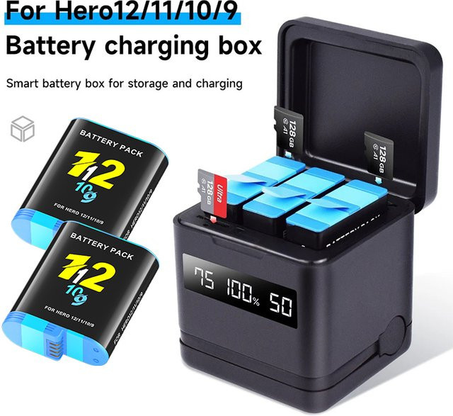 Multifunktionale Smart Akku-Ladebox mit LCD-Display für GoPro Hero 12, 11, 10 und 9 in Schwarz - Bild 1