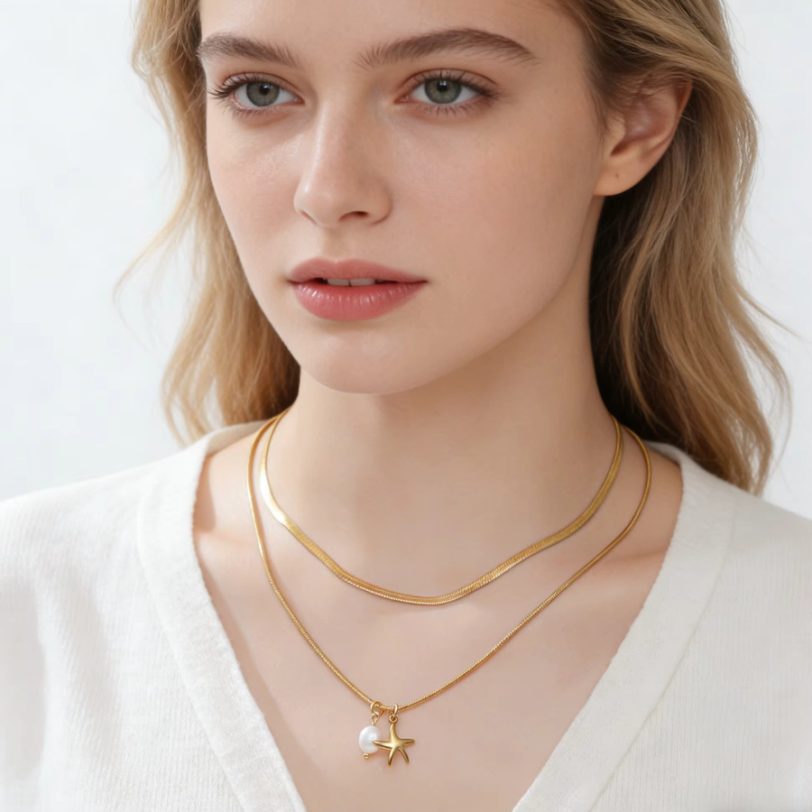 Cazador Doppelketten-Halskette Edelstahl, Perle, Gold, Damen - Bild 2