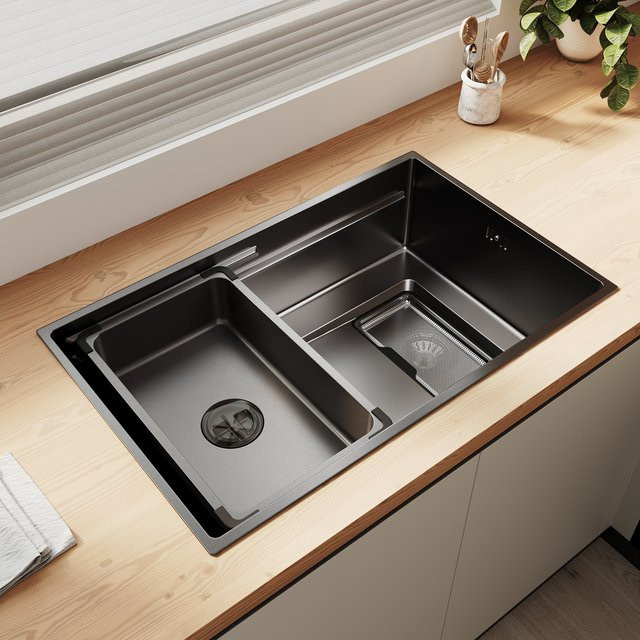 SONNI Küchenspüle aus Edelstahl 304 in Diamantschwarz, Einbauspüle mit 1 Becken, Wasserhahn und Abtropfkorb, B/T: 70 x 44 cm - Bild 1