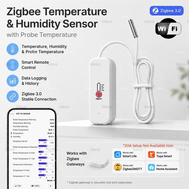 Coolo Smart Home Temperatur- und Feuchtigkeitssensor mit Sonde für Zigbee und WLAN in Weiß - Bild 1