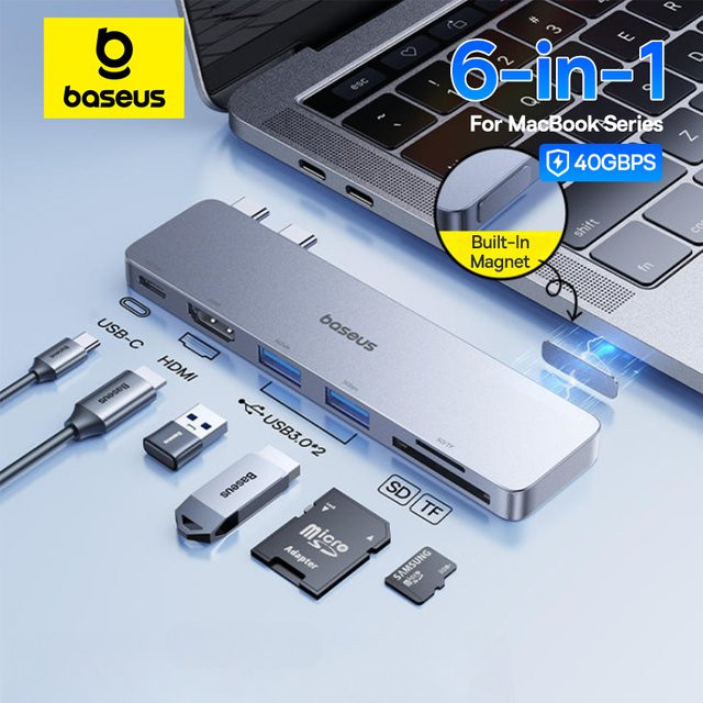 Baseus Dual USB-C Hub mit HDMI 4K 30Hz, USB 3.0 und SD/TF Slot für Thunderbolt 3/4, Grau - Bild 1