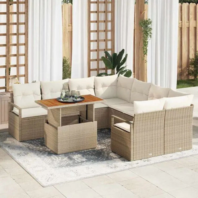 vidaxl Garten Essgruppe aus Polyrattan mit Kissen, 9-teiliges Gartenmöbel-Set in Beige und Creme mit Akazie und Stahl - Bild 1