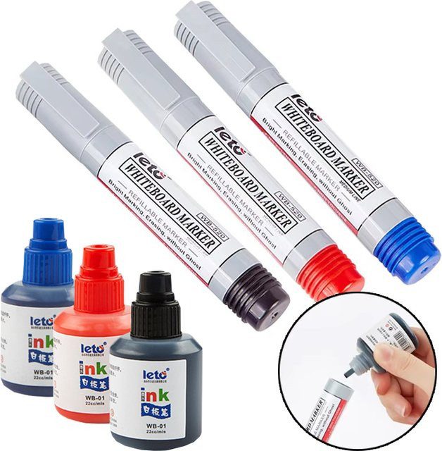 Nachfüllbare Whiteboard-Marker im 3-Farben-Set mit Bullet-Spitze, ungiftig und schnell trocknend, ideal für Schule und Büro - Bild 1