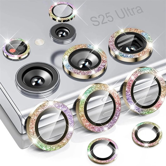 Glitzer Displayschutz für Samsung Galaxy S23 Plus, S24 Ultra, S25 Ultra, S25+ und S25 Edge mit Metallring aus gehärtetem Glas in Multicolour - Bild 1