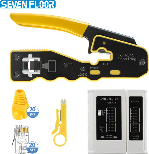RJ45 Cat6 8P Durchgangs-Crimper-Set mit Netzwerktester, Abisolierzange und 20 Stück 8P8C Steckverbindern sowie Zugentlastungsstiefeln in Schwarz für Ethernet/LAN - Bild 1