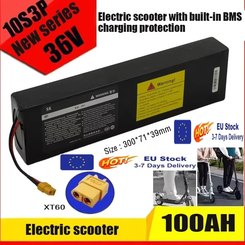 Wiederaufladbarer 36V 100Ah Lithium-Akku für Elektroroller mit BMS und XT60 XT30 Steckern, Schwarz - Bild 2