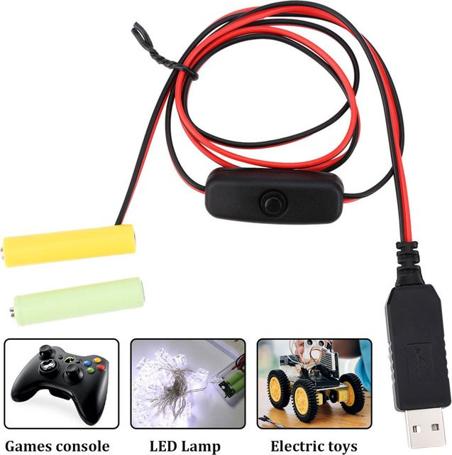 Aideepen Universal USB Netzteil als AA und AAA Batterie Ersatzkabel mit Schalter in Schwarz - Bild 1