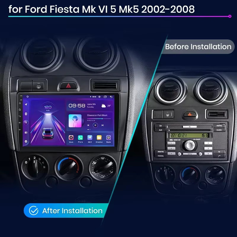 Junsun Android Auto Autoradio mit 9,0 Zoll Display für Ford Fiesta Mk VI 5 Mk5 2002-2008, Wireless CarPlay, GPS, Navi und RDS in Schwarz - Bild 2