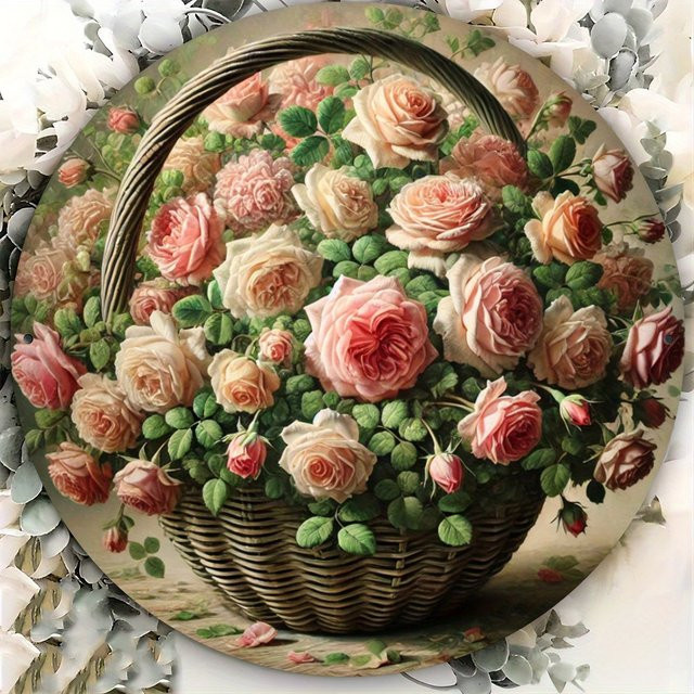 Rundes Metallschild von Potdemiel mit rosa Rosen-Muster, Wanddeko aus Eisen mit floralem Design, Durchmesser: 19,81 cm - Bild 1