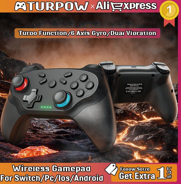 Turpow Bluetooth Gamepad für Nintendo Switch, Pro und OLED sowie PC, kabelloser Controller mit Vibrationsfunktion und Turbo-Modus in Schwarz - Bild 1