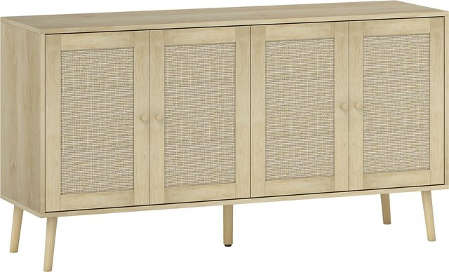 HOMCOM Sideboard in Naturholzoptik mit Geflecht-Türen und verstellbaren Einlegeböden, B/T/H: 140 x 40 x 75 cm, Beige/Braun - Bild 1