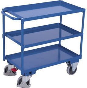 VARIOfit Tischwagen mit 3 Ladeflächen in Blau und Stahl, B/T: 99,5 x 69,5 cm mit waagerechtem Schiebegriff - Bild 1