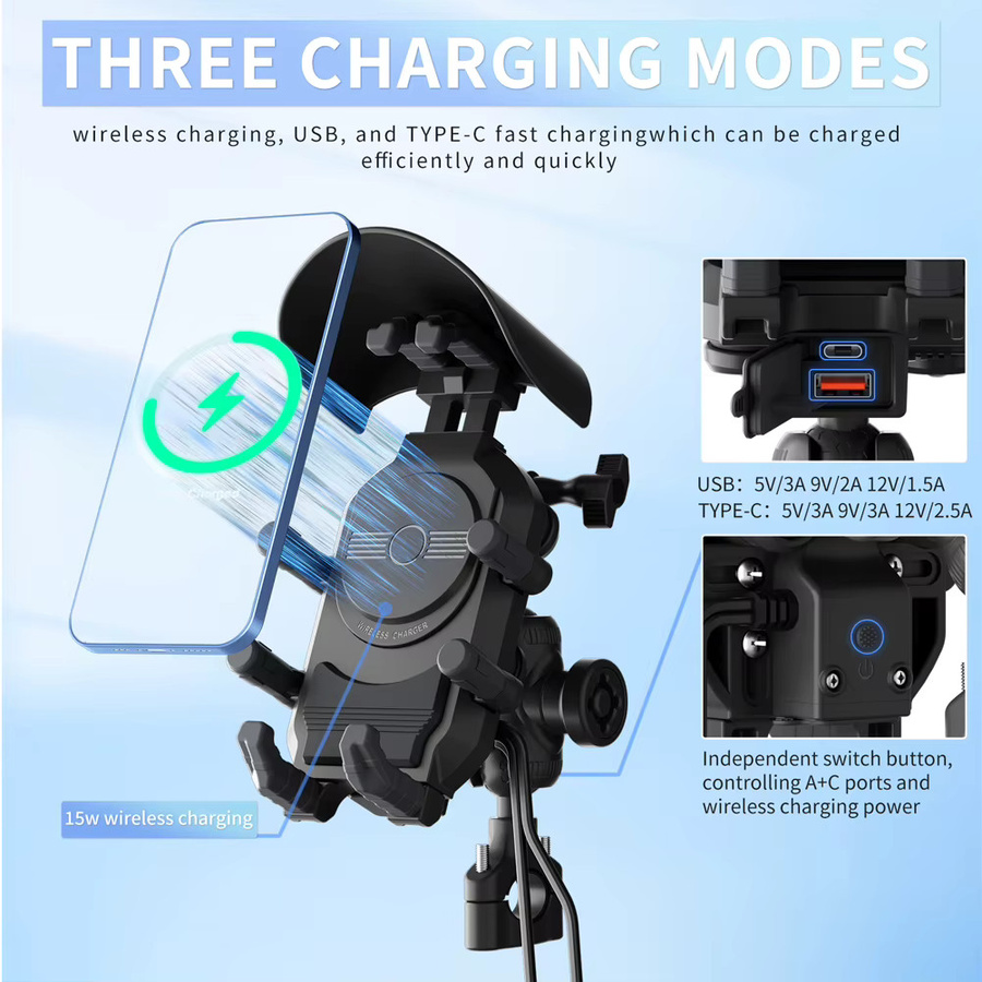 VIKEFON Stoßfester Motorrad-Telefonhalter mit 15 W kabellosem Ladegerät und 30 W USB-C Schnellladefunktion in Schwarz - Bild 2